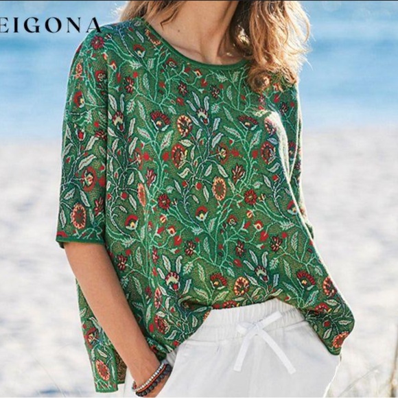 Peruvian Connection Tops - Peruvian Connection Knit Short Sleeve Top Floral XXL Pima Cotton